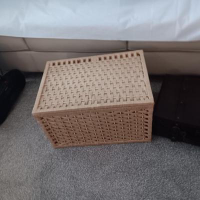 DECORATIVE SUITCASE, HINGED BASKET AND WALL CLOCK