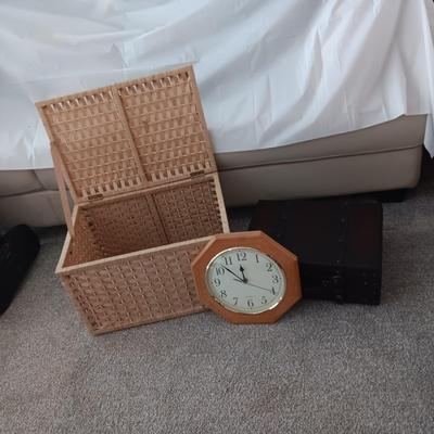 DECORATIVE SUITCASE, HINGED BASKET AND WALL CLOCK