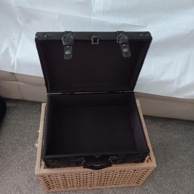 DECORATIVE SUITCASE, HINGED BASKET AND WALL CLOCK