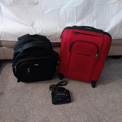 HUANLV TROLLEY BACKPACK, SONY RADIO ALARM CLOCK AND A SMALLER SUITCASE ON 4 WHEELS