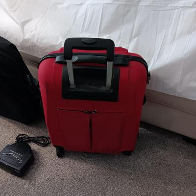 HUANLV TROLLEY BACKPACK, SONY RADIO ALARM CLOCK AND A SMALLER SUITCASE ON 4 WHEELS