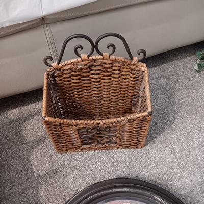 IRON AND WICKER ORGANIZER, BASKET, FAUX GREENERY VINES AND WALL CLOCK
