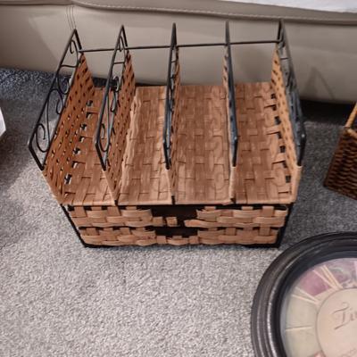 IRON AND WICKER ORGANIZER, BASKET, FAUX GREENERY VINES AND WALL CLOCK