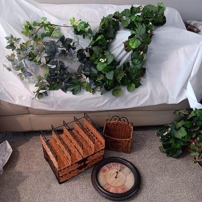 IRON AND WICKER ORGANIZER, BASKET, FAUX GREENERY VINES AND WALL CLOCK