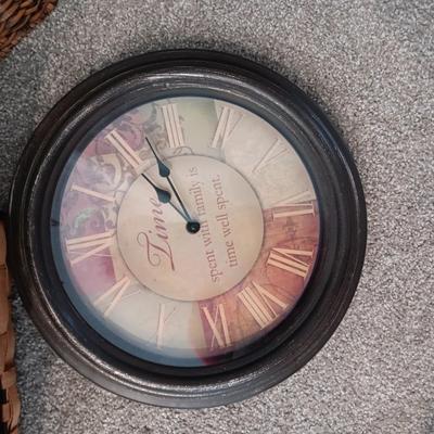 IRON AND WICKER ORGANIZER, BASKET, FAUX GREENERY VINES AND WALL CLOCK