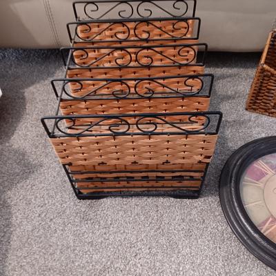 IRON AND WICKER ORGANIZER, BASKET, FAUX GREENERY VINES AND WALL CLOCK