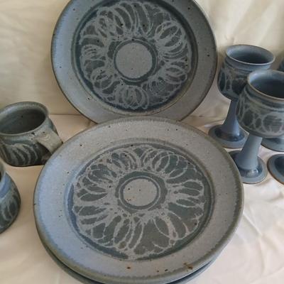 Handmade Signed Pottery Dinnerware set - Plates - Bowls - Mugs - Goblets - Mugs 16 pieces! (1 of 2)