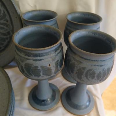 Handmade Signed Pottery Dinnerware set - Plates - Bowls - Mugs - Goblets - Mugs 16 pieces! (1 of 2)