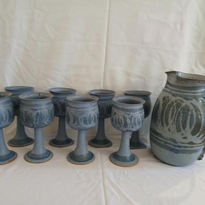 Handmade Signed Pottery Pitcher with 8 goblets
