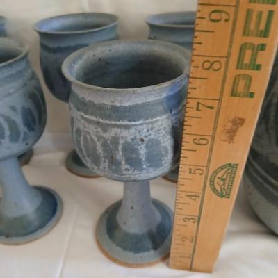 Handmade Signed Pottery Pitcher with 8 goblets
