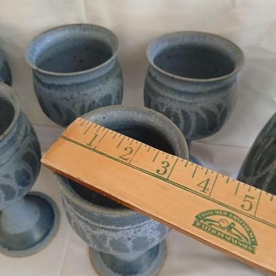 Handmade Signed Pottery Pitcher with 8 goblets