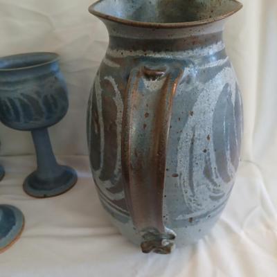 Handmade Signed Pottery Pitcher with 8 goblets