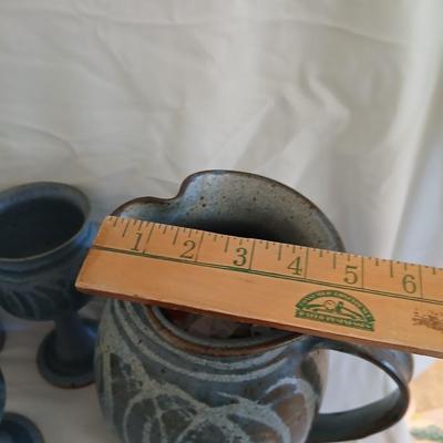 Handmade Signed Pottery Pitcher with 8 goblets