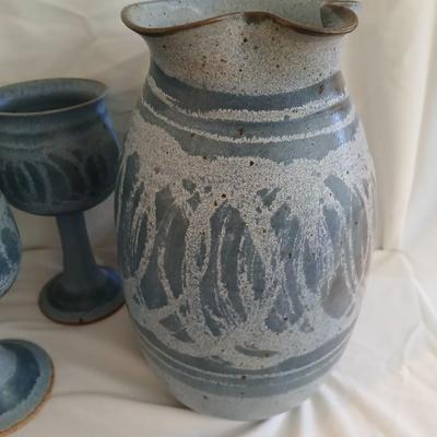 Handmade Signed Pottery Pitcher with 8 goblets