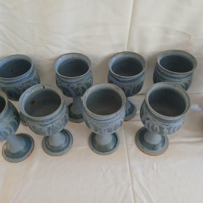 Handmade Signed Pottery Pitcher with 8 goblets