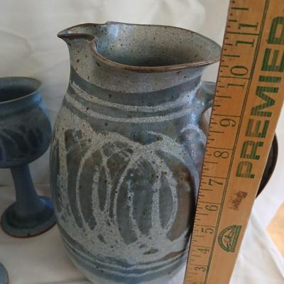 Handmade Signed Pottery Pitcher with 8 goblets