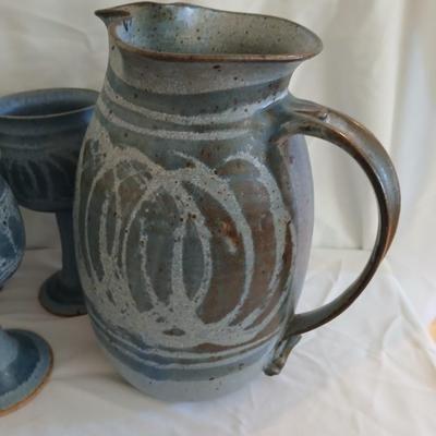 Handmade Signed Pottery Pitcher with 8 goblets