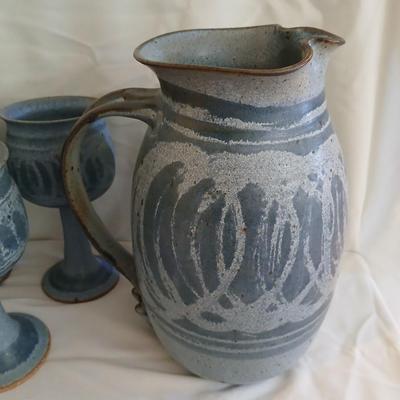 Handmade Signed Pottery Pitcher with 8 goblets