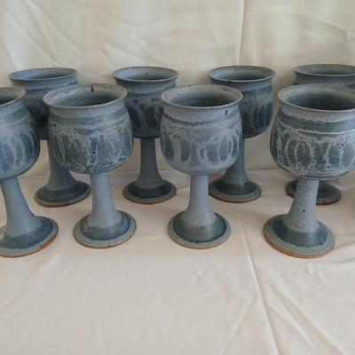 Handmade Signed Pottery Pitcher with 8 goblets