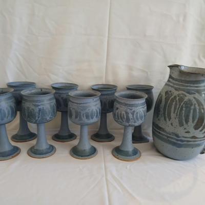 Handmade Signed Pottery Pitcher with 8 goblets