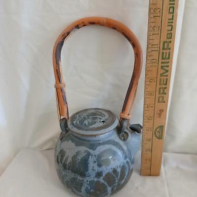 Handmade Vintage signed pottery - Honey pot - Sugar & Cream - and a wicker handled tea pot