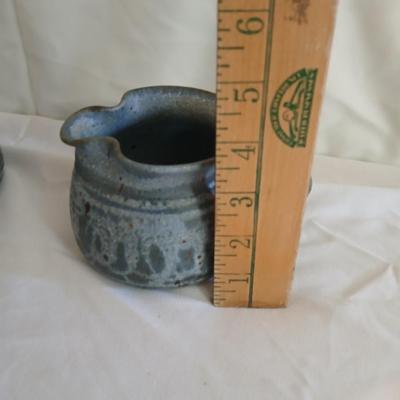 Handmade Vintage signed pottery - Honey pot - Sugar & Cream - and a wicker handled tea pot