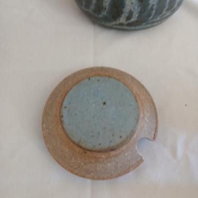 Handmade Vintage signed pottery - Honey pot - Sugar & Cream - and a wicker handled tea pot