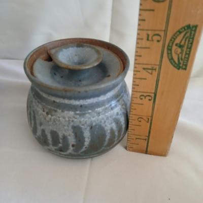 Handmade Vintage signed pottery - Honey pot - Sugar & Cream - and a wicker handled tea pot