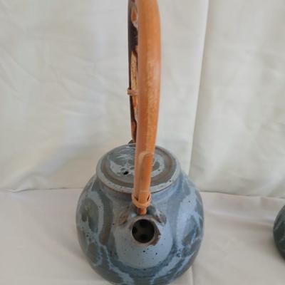 Handmade Vintage signed pottery - Honey pot - Sugar & Cream - and a wicker handled tea pot