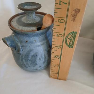 Handmade Vintage signed pottery - Honey pot - Sugar & Cream - and a wicker handled tea pot