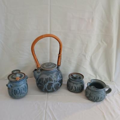 Handmade Vintage signed pottery - Honey pot - Sugar & Cream - and a wicker handled tea pot