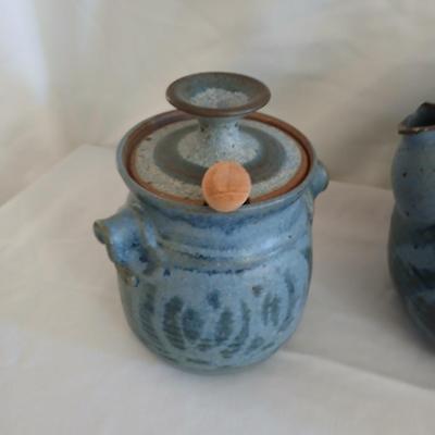 Handmade Vintage signed pottery - Honey pot - Sugar & Cream - and a wicker handled tea pot