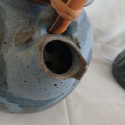 Handmade Vintage signed pottery - Honey pot - Sugar & Cream - and a wicker handled tea pot