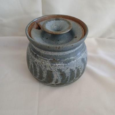 Handmade Vintage signed pottery - Honey pot - Sugar & Cream - and a wicker handled tea pot