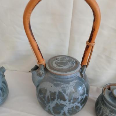 Handmade Vintage signed pottery - Honey pot - Sugar & Cream - and a wicker handled tea pot