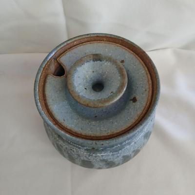 Handmade Vintage signed pottery - Honey pot - Sugar & Cream - and a wicker handled tea pot