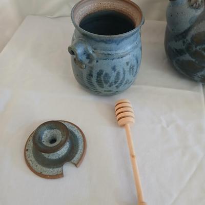 Handmade Vintage signed pottery - Honey pot - Sugar & Cream - and a wicker handled tea pot