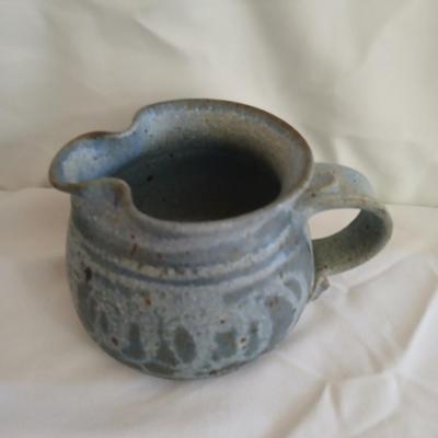 Handmade Vintage signed pottery - Honey pot - Sugar & Cream - and a wicker handled tea pot