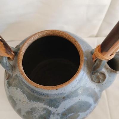 Handmade Vintage signed pottery - Honey pot - Sugar & Cream - and a wicker handled tea pot