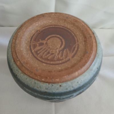 Handmade Vintage signed pottery - Honey pot - Sugar & Cream - and a wicker handled tea pot