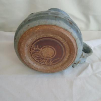 Handmade Vintage signed pottery - Honey pot - Sugar & Cream - and a wicker handled tea pot