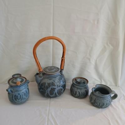 Handmade Vintage signed pottery - Honey pot - Sugar & Cream - and a wicker handled tea pot