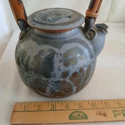 Handmade Vintage signed pottery - Honey pot - Sugar & Cream - and a wicker handled tea pot