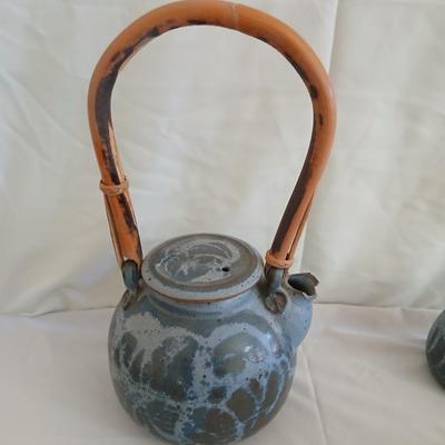 Handmade Vintage signed pottery - Honey pot - Sugar & Cream - and a wicker handled tea pot