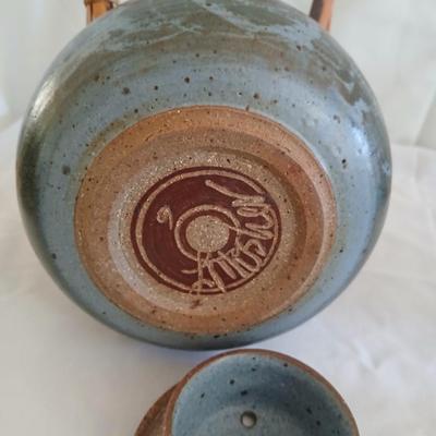 Handmade Vintage signed pottery - Honey pot - Sugar & Cream - and a wicker handled tea pot