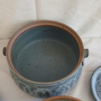 Vintage Handmade signed pottery lidded Soup Tureen with 3 plates