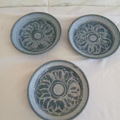 Vintage Handmade signed pottery lidded Soup Tureen with 3 plates