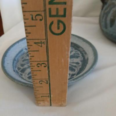 Vintage Handmade signed pottery lidded Soup Tureen with 3 plates