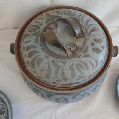 Vintage Handmade signed pottery lidded Soup Tureen with 3 plates