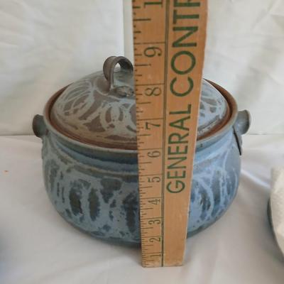Vintage Handmade signed pottery lidded Soup Tureen with 3 plates